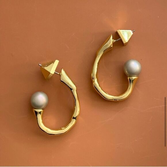 ALEXIS BITTAR Pearl Capped Twisted Gold Open Hoop Post Earrings - Picture 12 of 14